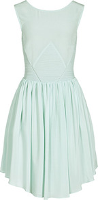 Kacie Panel Insert Dress - neckline: round neck; fit: fitted at waist; pattern: plain; sleeve style: sleeveless; back detail: low cut/open back; predominant colour: pistachio; occasions: casual, evening, work, occasion; length: just above the knee; style: fit & flare; fibres: silk - 100%; hip detail: structured pleats at hip; sleeve length: sleeveless; texture group: sheer fabrics/chiffon/organza etc.; trends: glamorous day shifts; pattern type: fabric; pattern size: standard
