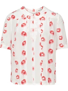 Lillyann Poppy Print Top - bust detail: ruching/gathering/draping/layers/pintuck pleats at bust; predominant colour: ivory; occasions: casual, work, holiday; length: standard; style: top; fibres: silk - 100%; fit: loose; neckline: no opening/shirt collar/peter pan; sleeve length: short sleeve; sleeve style: standard; texture group: crepes; pattern type: fabric; pattern size: small & light; pattern: florals