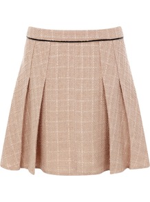 Tweed Cosmetic Skirt - length: mid thigh; fit: loose/voluminous; style: pleated; waist detail: fitted waist; waist: high rise; pattern: herringbone/tweed; predominant colour: nude; occasions: casual, evening, work; fibres: polyester/polyamide - mix; hip detail: structured pleats at hip; pattern type: fabric; pattern size: standard; texture group: tweed - light/midweight