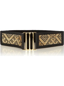 Straw Weave Waist Belt - predominant colour: black; occasions: casual, evening, work, occasion; type of pattern: large; style: elasticated; size: wide; worn on: waist; material: fabric; trends: metallics, modern geometrics; finish: metallic; pattern: patterned/print