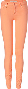 Apricot Cotton Gaia Super Skinny Jeans - style: skinny leg; length: standard; pattern: plain; pocket detail: traditional 5 pocket; waist: mid/regular rise; predominant colour: bright orange; occasions: casual; fibres: cotton - stretch; texture group: denim; pattern type: fabric
