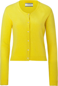 Neon Yellow Moulda Cashmere Cardigan - neckline: round neck; bust detail: buttons at bust (in middle at breastbone)/zip detail at bust; predominant colour: yellow; occasions: casual, work; length: standard; style: standard; fit: slim fit; fibres: cashmere - 100%; sleeve length: long sleeve; sleeve style: standard; texture group: knits/crochet; trends: fluorescent; pattern type: knitted - fine stitch