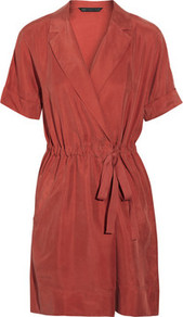 Stevie Brushed Silk Dress - style: faux wrap/wrap; length: mid thigh; neckline: v-neck; fit: fitted at waist; pattern: plain; waist detail: belted waist/tie at waist/drawstring; predominant colour: terracotta; occasions: casual, evening, work, holiday; fibres: silk - 100%; hip detail: soft pleats at hip/draping at hip/flared at hip; sleeve length: short sleeve; sleeve style: standard; texture group: silky - light; pattern type: fabric
