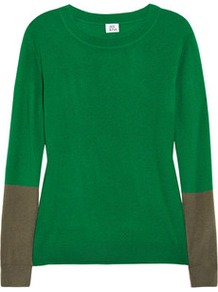 Color Block Cashmere Sweater - neckline: round neck; style: standard; predominant colour: emerald green; occasions: casual, work; length: standard; fit: standard fit; fibres: cashmere - 100%; sleeve length: long sleeve; sleeve style: standard; texture group: knits/crochet; pattern type: knitted - fine stitch; pattern size: big & light; pattern: colourblock
