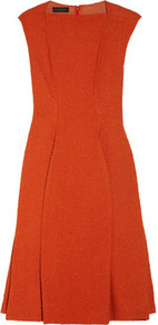 Mauri Tweed Dress - style: shift; sleeve style: capped; pattern: plain; waist detail: fitted waist; predominant colour: bright orange; occasions: evening, work, occasion; length: on the knee; fit: fitted at waist & bust; fibres: nylon - 100%; neckline: crew; hip detail: structured pleats at hip; sleeve length: sleeveless; trends: glamorous day shifts; pattern type: fabric; pattern size: standard; texture group: tweed - bulky/heavy
