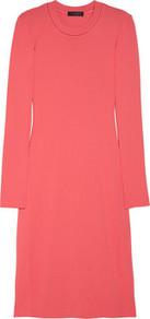Felicia Jersey Dress - style: shift; pattern: plain; waist detail: fitted waist; predominant colour: terracotta; occasions: casual, evening, work, occasion; length: just above the knee; fit: soft a-line; fibres: nylon - mix; neckline: crew; hip detail: soft pleats at hip/draping at hip/flared at hip; sleeve length: long sleeve; sleeve style: standard; trends: glamorous day shifts; pattern type: fabric; pattern size: standard; texture group: jersey - stretchy/drapey