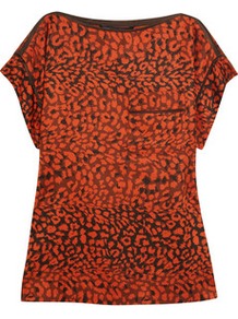 Animal Print Silk Twill Top - neckline: round neck; sleeve style: dolman/batwing; bust detail: pocket detail at bust; predominant colour: terracotta; occasions: casual, evening, work; length: standard; style: top; fibres: silk - 100%; fit: straight cut; sleeve length: short sleeve; texture group: sheer fabrics/chiffon/organza etc.; trends: statement prints; pattern type: fabric; pattern size: small & light; pattern: animal print