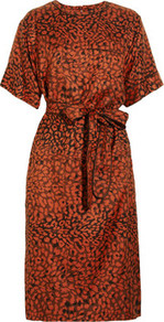 Animal Print Silk Twill Dress - style: shift; fit: tailored/fitted; waist detail: belted waist/tie at waist/drawstring; predominant colour: terracotta; occasions: casual, evening, work, holiday; length: on the knee; fibres: silk - 100%; neckline: crew; hip detail: sculpting darts/pleats/seams at hip; sleeve length: short sleeve; sleeve style: standard; texture group: cotton feel fabrics; pattern type: fabric; pattern size: small & busy; pattern: animal print