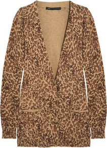 Leopard Print Cotton Cardigan - neckline: plunge; length: below the bottom; bust detail: buttons at bust (in middle at breastbone)/zip detail at bust; predominant colour: tan; occasions: casual, work; style: standard; fibres: cotton - 100%; fit: standard fit; sleeve length: long sleeve; sleeve style: standard; texture group: knits/crochet; pattern type: knitted - fine stitch; pattern size: standard; pattern: animal print