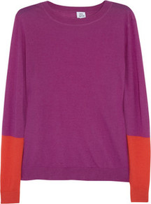 Color Block Cashmere Sweater - neckline: round neck; style: standard; predominant colour: purple; occasions: casual, work; length: standard; fit: standard fit; fibres: cashmere - 100%; sleeve length: long sleeve; sleeve style: standard; texture group: knits/crochet; pattern type: knitted - fine stitch; pattern size: big & light; pattern: colourblock