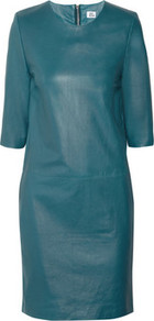 Leather Dress - style: shift; neckline: round neck; pattern: plain; predominant colour: teal; occasions: casual, evening, work, occasion; length: just above the knee; fit: straight cut; fibres: leather - 100%; sleeve length: 3/4 length; sleeve style: standard; texture group: leather; pattern type: fabric