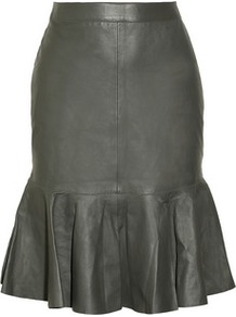 Leather Flared Skirt - pattern: plain; fit: body skimming; waist: high rise; predominant colour: charcoal; occasions: casual, evening, work; length: on the knee; style: fit & flare; fibres: leather - 100%; waist detail: narrow waistband; texture group: leather; trends: sculptural frills; hip detail: ruffles/tiers/tie detail at hip; pattern type: fabric