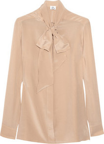 Detachable Pussy Bow Silk Crepe Blouse - pattern: plain; neckline: pussy bow; style: blouse; predominant colour: nude; occasions: casual, evening, work; length: standard; fibres: silk - 100%; fit: loose; sleeve length: long sleeve; sleeve style: standard; texture group: crepes; pattern type: fabric
