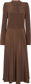 Michaela Silk Dress - length: below the knee; pattern: plain; style: blouson; waist detail: fitted waist; neckline: pussy bow; predominant colour: chocolate brown; occasions: evening, work, occasion; fit: fitted at waist & bust; fibres: silk - 100%; sleeve length: long sleeve; sleeve style: standard; texture group: crepes; trends: glamorous day shifts; pattern type: fabric; pattern size: standard