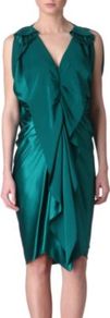 Ruffle Front Silk Dress - style: shift; neckline: low v-neck; pattern: plain; sleeve style: sleeveless; waist detail: fitted waist; bust detail: ruching/gathering/draping/layers/pintuck pleats at bust; predominant colour: teal; occasions: evening, occasion; length: just above the knee; fit: body skimming; fibres: silk - 100%; hip detail: soft pleats at hip/draping at hip/flared at hip; sleeve length: sleeveless; texture group: silky - light; pattern type: fabric