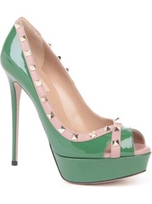 Rockstud Leather Platform Courts - predominant colour: emerald green; occasions: evening, occasion; material: leather; heel height: high; embellishment: studs; heel: platform; toe: open toe/peeptoe; style: courts; finish: patent; pattern: plain