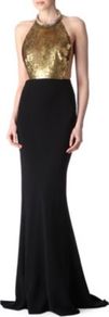 Embellished Halterneck Gown - sleeve style: sleeveless; style: maxi dress; bust detail: added detail/embellishment at bust; waist detail: fitted waist; back detail: low cut/open back; predominant colour: gold; secondary colour: black; occasions: evening, occasion; length: floor length; fit: body skimming; neckline: crew; hip detail: contrast fabric/print detail at hip; sleeve length: sleeveless; trends: metallics; pattern type: fabric; pattern: colourblock; texture group: jersey - stretchy/drapey; embellishment: sequins; fibres: viscose/rayon - mix