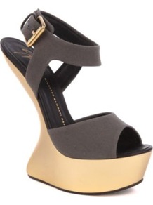 Lady Gaga Canvas Heel Less Sandals - predominant colour: charcoal; occasions: evening, occasion; material: fabric; heel height: high; embellishment: buckles; ankle detail: ankle strap; heel: platform; toe: open toe/peeptoe; style: strappy; trends: metallics; finish: metallic; pattern: plain