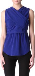 Criss Cross Top - neckline: v-neck; pattern: plain; sleeve style: sleeveless; style: wrap/faux wrap; waist detail: peplum waist detail; bust detail: ruching/gathering/draping/layers/pintuck pleats at bust; predominant colour: royal blue; occasions: evening, work; length: standard; fibres: silk - 100%; fit: body skimming; sleeve length: sleeveless; pattern type: fabric; texture group: jersey - stretchy/drapey