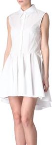 Cotton Shirt Dress - style: shirt; length: mid thigh; neckline: shirt collar/peter pan/zip with opening; pattern: plain; sleeve style: sleeveless; bust detail: buttons at bust (in middle at breastbone)/zip detail at bust; predominant colour: white; occasions: casual, evening; fit: fitted at waist & bust; fibres: cotton - 100%; hip detail: structured pleats at hip; back detail: longer hem at back than at front; sleeve length: sleeveless; texture group: cotton feel fabrics; trends: volume; pattern type: fabric