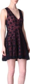Elana Crochet Dress - length: mini; neckline: low v-neck; pattern: plain; sleeve style: sleeveless; secondary colour: hot pink; predominant colour: black; occasions: evening, holiday; fit: fitted at waist & bust; style: fit & flare; fibres: cotton - 100%; hip detail: soft pleats at hip/draping at hip/flared at hip; sleeve length: sleeveless; texture group: lace; pattern type: fabric; pattern size: big & busy