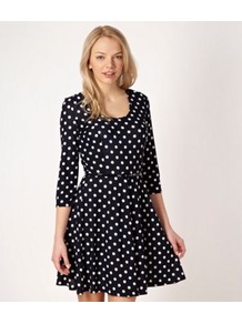 Navy Spotted Jersey Dress - fit: fitted at waist; pattern: polka dot; waist detail: belted waist/tie at waist/drawstring; secondary colour: white; predominant colour: navy; occasions: casual, evening, work, holiday; length: just above the knee; style: fit & flare; neckline: scoop; fibres: polyester/polyamide - stretch; hip detail: soft pleats at hip/draping at hip/flared at hip; sleeve length: 3/4 length; sleeve style: standard; pattern type: fabric; pattern size: small & busy; texture group: jersey - stretchy/drapey