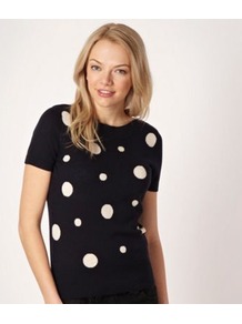 Navy Spotted Short Sleeved Jumper - neckline: slash/boat neckline; pattern: polka dot; style: standard; secondary colour: ivory; predominant colour: navy; occasions: casual, work; length: standard; fibres: cotton - 100%; fit: standard fit; sleeve length: short sleeve; sleeve style: standard; texture group: knits/crochet; pattern type: knitted - fine stitch; pattern size: standard