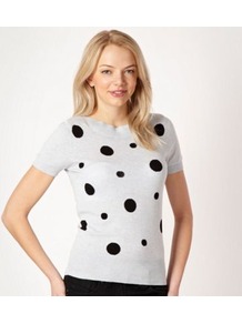 Online Exclusive Light Blue Spotted Short Sleeved Jumper - neckline: slash/boat neckline; pattern: polka dot; style: standard; predominant colour: pale blue; secondary colour: black; occasions: casual; length: standard; fibres: cotton - 100%; fit: standard fit; sleeve length: short sleeve; sleeve style: standard; texture group: knits/crochet; pattern type: knitted - fine stitch; pattern size: standard