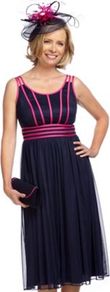 Navy & Fucshia Ribbon Dress - style: empire line; length: below the knee; sleeve style: standard vest straps/shoulder straps; fit: empire; pattern: plain; secondary colour: hot pink; predominant colour: navy; neckline: scoop; fibres: polyester/polyamide - 100%; occasions: occasion; hip detail: structured pleats at hip; sleeve length: sleeveless; texture group: sheer fabrics/chiffon/organza etc.; pattern type: fabric