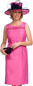 Fucshia Shimmer Shantung Shift Dress - style: shift; neckline: round neck; fit: tailored/fitted; pattern: plain; sleeve style: sleeveless; bust detail: added detail/embellishment at bust; predominant colour: hot pink; occasions: evening, occasion; length: on the knee; fibres: polyester/polyamide - 100%; sleeve length: sleeveless; texture group: sheer fabrics/chiffon/organza etc.; trends: fluorescent; pattern type: fabric; embellishment: embroidered