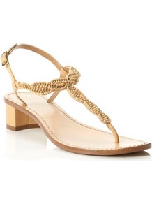 Blonde Leather Fuji Beaded T Bar Block Heel Sandal - predominant colour: nude; occasions: casual, evening, occasion, holiday; material: leather; heel height: mid; embellishment: beading; ankle detail: ankle strap; heel: block; toe: toe thongs; style: flip flops / toe post; trends: metallics; finish: plain; pattern: plain
