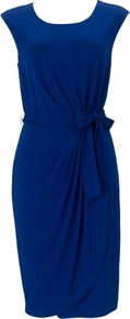 Natalia Dress - style: shift; neckline: round neck; sleeve style: capped; pattern: plain; waist detail: belted waist/tie at waist/drawstring; predominant colour: royal blue; occasions: evening, work, occasion; length: on the knee; fit: body skimming; fibres: viscose/rayon - stretch; hip detail: soft pleats at hip/draping at hip/flared at hip; sleeve length: sleeveless; trends: glamorous day shifts; pattern type: fabric; texture group: jersey - stretchy/drapey