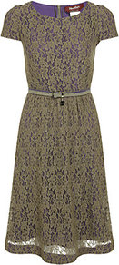 Sacha Dress - neckline: round neck; sleeve style: capped; pattern: plain; waist detail: belted waist/tie at waist/drawstring; secondary colour: purple; predominant colour: khaki; occasions: work, occasion; length: on the knee; fit: fitted at waist & bust; style: fit & flare; hip detail: soft pleats at hip/draping at hip/flared at hip; sleeve length: short sleeve; texture group: lace; pattern type: fabric; fibres: viscose/rayon - mix