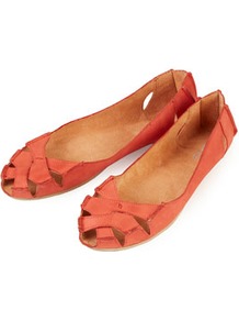 Haiti Peep Toe Cut Out Shoes - predominant colour: coral; occasions: casual, work, holiday; material: leather; heel height: flat; toe: open toe/peeptoe; style: ballerinas / pumps; finish: plain; pattern: plain