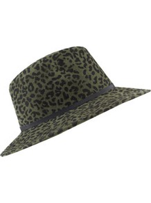 Leopard Fedora - predominant colour: dark green; occasions: casual, holiday; type of pattern: heavy; style: fedora; size: standard; material: fabric; embellishment: ribbon; pattern: animal print
