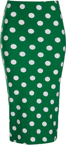 Green Spot Print Tube Skirt - length: below the knee; fit: tight; waist: high rise; pattern: polka dot; hip detail: fitted at hip; predominant colour: emerald green; occasions: casual, evening, work, holiday; fibres: cotton - stretch; style: tube; texture group: jersey - clingy; pattern type: fabric; pattern size: standard