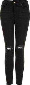 Petite Moto Carey Ripped Jeans - style: skinny leg; length: standard; pattern: plain; pocket detail: traditional 5 pocket; waist: mid/regular rise; predominant colour: black; occasions: casual; fibres: cotton - stretch; jeans detail: whiskering, dark wash; texture group: denim; pattern type: fabric