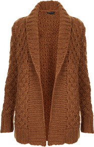 Knitted Handknit Shawl Cardi - pattern: plain; neckline: shawl; length: below the bottom; style: open front; predominant colour: tan; occasions: casual, work; fibres: acrylic - mix; fit: loose; sleeve length: long sleeve; sleeve style: standard; texture group: knits/crochet; pattern type: knitted - big stitch