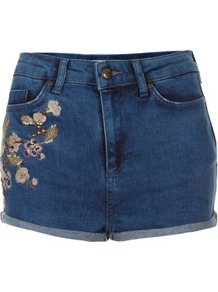 Petite Embellished Hotpant - pattern: plain; pocket detail: traditional 5 pocket; length: short shorts; waist: mid/regular rise; style: hot pants; predominant colour: indigo; occasions: casual, holiday; fibres: cotton - 100%; jeans & bottoms detail: turn ups; texture group: denim; fit: skinny/tight leg; pattern type: fabric; pattern size: small & light; embellishment: embroidered