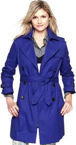 Trench Coat - pattern: plain; hip detail: side pockets at hip; style: mac; collar: standard lapel/rever collar; length: mid thigh; predominant colour: royal blue; occasions: casual, work; fit: tailored/fitted; fibres: cotton - 100%; waist detail: belted waist/tie at waist/drawstring; shoulder detail: discreet epaulette; back detail: back vent/flap at back; sleeve length: long sleeve; sleeve style: standard; texture group: cotton feel fabrics; collar break: medium; pattern type: fabric