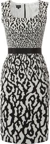 Women's Adria Dress, Ivory - style: shift; fit: tailored/fitted; sleeve style: sleeveless; predominant colour: ivory; secondary colour: black; occasions: evening, work, occasion; length: on the knee; fibres: cotton - mix; waist detail: narrow waistband; sleeve length: sleeveless; trends: glamorous day shifts; neckline: low square neck; pattern type: fabric; pattern size: big & busy; pattern: animal print; texture group: other - light to midweight