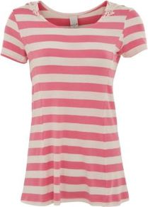 Pink Raya Stripe Top - neckline: round neck; pattern: horizontal stripes; style: t-shirt; predominant colour: pink; occasions: casual; length: standard; fibres: viscose/rayon - stretch; fit: loose; sleeve length: short sleeve; sleeve style: standard; trends: striking stripes; pattern type: fabric; pattern size: standard; texture group: jersey - stretchy/drapey