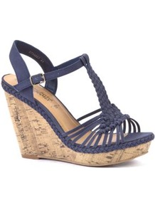 Navy Woven Strap Cork Wedges - predominant colour: navy; occasions: casual, holiday; material: fabric; ankle detail: ankle strap; heel: wedge; toe: open toe/peeptoe; style: strappy; finish: plain; pattern: plain; heel height: very high