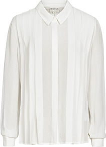 Brynn Pleated Shirt - neckline: shirt collar/peter pan/zip with opening; pattern: plain; style: shirt; bust detail: ruching/gathering/draping/layers/pintuck pleats at bust; predominant colour: white; occasions: casual, evening, work; length: standard; fibres: polyester/polyamide - 100%; fit: straight cut; shoulder detail: flat/draping pleats/ruching/gathering at shoulder; sleeve length: long sleeve; sleeve style: standard; texture group: sheer fabrics/chiffon/organza etc.; pattern type: fabric; pattern size: standard