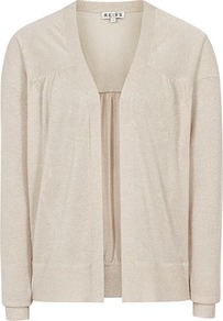Annie Cover Up - pattern: plain; neckline: collarless open; style: open front; predominant colour: champagne; occasions: casual, evening, work; length: standard; fibres: polyester/polyamide - 100%; fit: loose; back detail: embellishment at back; sleeve length: long sleeve; sleeve style: standard; texture group: knits/crochet; trends: metallics; pattern type: knitted - fine stitch; pattern size: standard