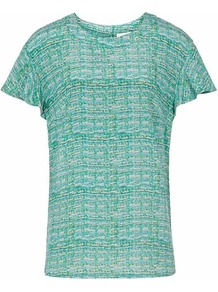 Laila Printed Silk Top - neckline: round neck; predominant colour: teal; occasions: casual, evening, work, occasion; length: standard; style: top; fibres: silk - 100%; fit: straight cut; sleeve length: short sleeve; sleeve style: standard; texture group: sheer fabrics/chiffon/organza etc.; pattern type: fabric; pattern size: standard; pattern: patterned/print