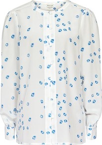 Verity Poppy Spot Contrast Placket Shirt - style: blouse; bust detail: buttons at bust (in middle at breastbone)/zip detail at bust; predominant colour: white; occasions: casual, evening, work; length: standard; fibres: silk - 100%; fit: straight cut; neckline: crew; sleeve length: long sleeve; sleeve style: standard; texture group: sheer fabrics/chiffon/organza etc.; pattern type: fabric; pattern size: small & busy; pattern: patterned/print