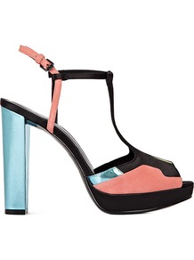 Andree Patchwork T Bar Platforms - predominant colour: black; occasions: evening, work, occasion, holiday; material: leather; heel height: high; ankle detail: ankle strap; heel: platform; toe: open toe/peeptoe; style: strappy; trends: fluorescent, metallics; finish: plain; pattern: colourblock