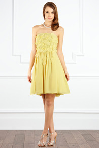 Vielle Dress - length: mid thigh; neckline: strapless (straight/sweetheart); pattern: plain; sleeve style: sleeveless; style: prom dress; bust detail: added detail/embellishment at bust; waist detail: fitted waist; back detail: low cut/open back; predominant colour: primrose yellow; occasions: evening, occasion; fit: fitted at waist & bust; fibres: polyester/polyamide - 100%; hip detail: soft pleats at hip/draping at hip/flared at hip; sleeve length: sleeveless; texture group: sheer fabrics/chiffon/organza etc.; trends: volume; pattern type: fabric; pattern size: standard; embellishment: applique