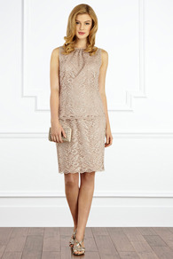 Kristina Lace Top - pattern: plain; sleeve style: sleeveless; bust detail: ruching/gathering/draping/layers/pintuck pleats at bust; predominant colour: champagne; occasions: evening, occasion; length: standard; style: top; fibres: polyester/polyamide - mix; fit: body skimming; neckline: crew; sleeve length: sleeveless; texture group: lace; pattern type: fabric; pattern size: standard